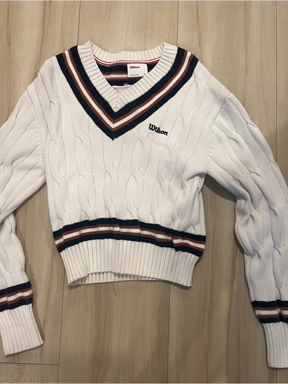 Wilson Cream Cable-Knit V-Neck Sweater with Navy and Brown Stripe Trim